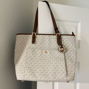Michael Kors Cream and Brown MK Tote